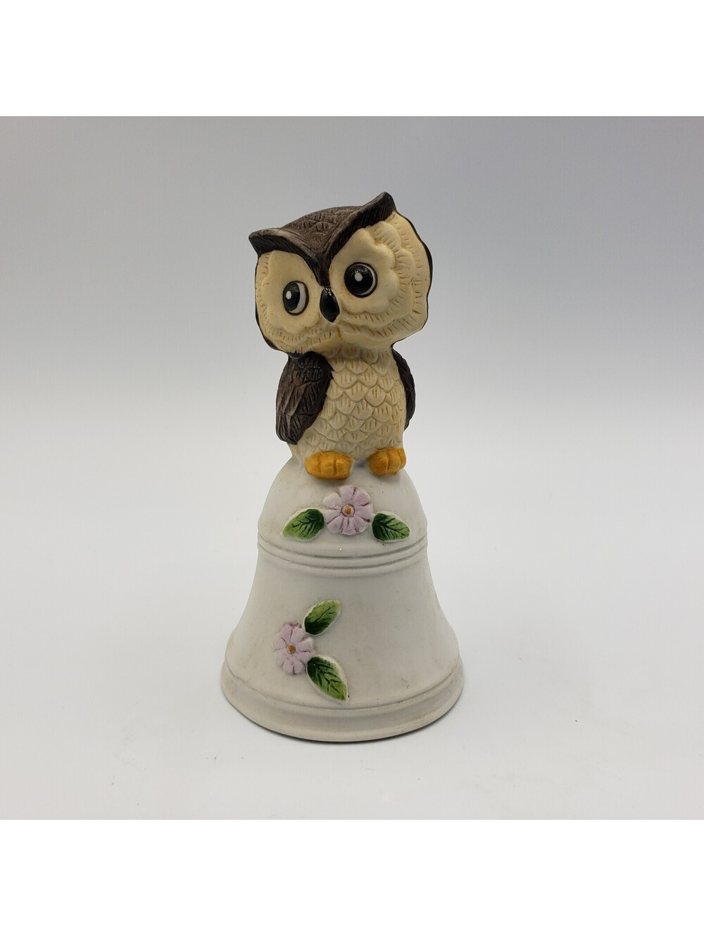 Vintage Bisque Porcelain Bell Brown Owl Flower Taiwan ROC Big Eyes Hoot